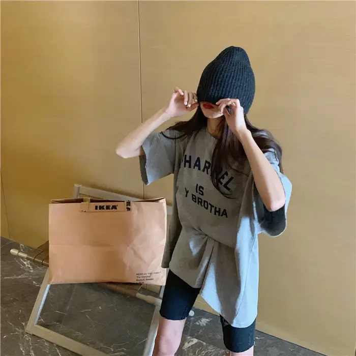 Harajuku Style Letter T-Shirt Women 2025 Gray Loose Sleeve — feature 33