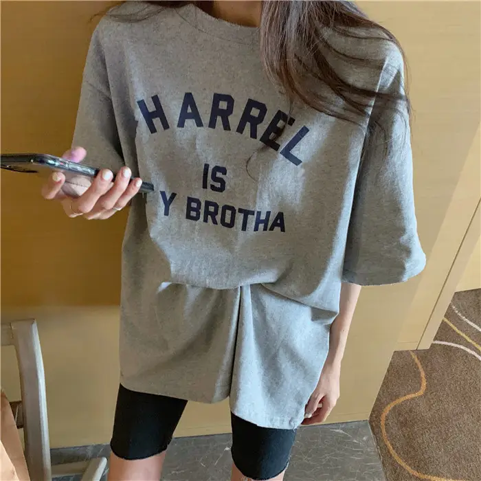 Harajuku Style Letter T-Shirt Women 2025 Gray Loose Sleeve — feature 35