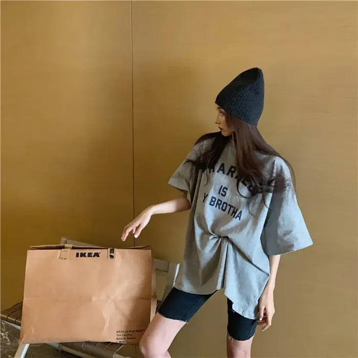 Harajuku Style Letter T-Shirt Women 2025 Gray Loose Sleeve — feature 36