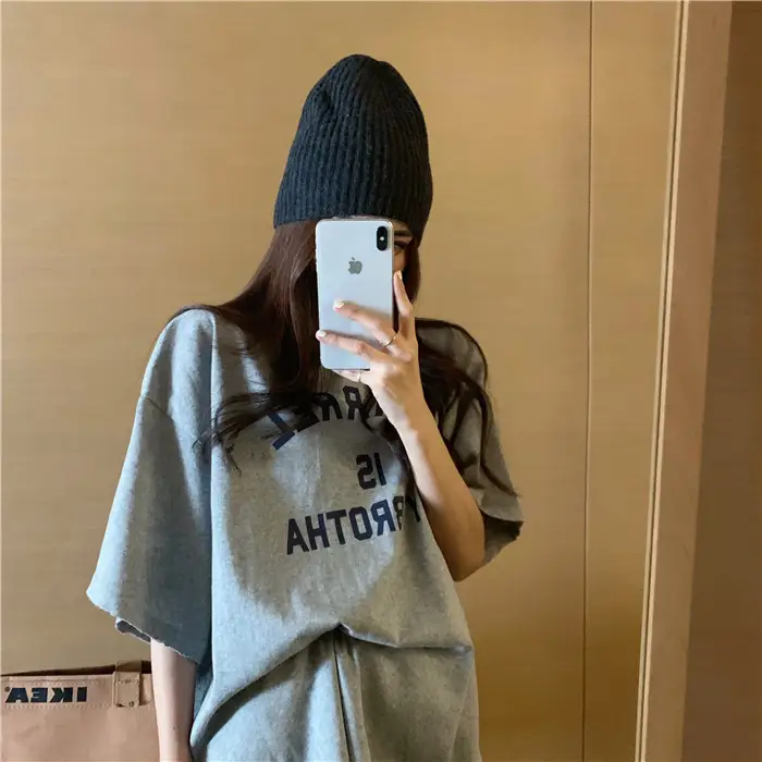 Harajuku Style Letter T-Shirt Women 2025 Gray Loose Sleeve — feature 37