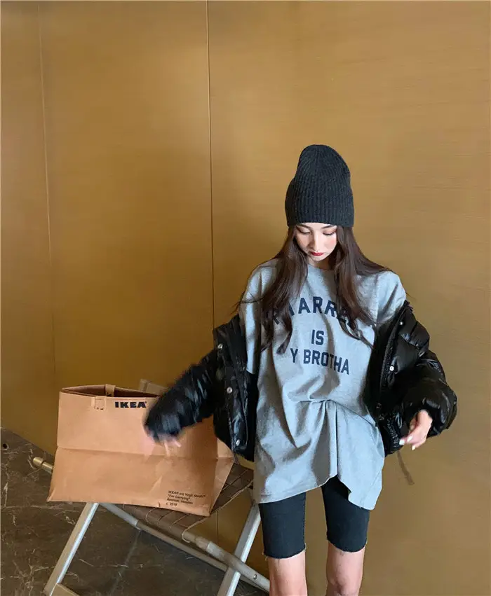 Harajuku Style Letter T-Shirt Women 2025 Gray Loose Sleeve — feature 38