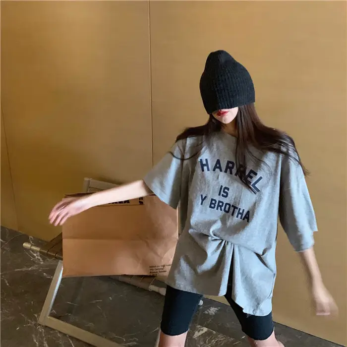 Harajuku Style Letter T-Shirt Women 2025 Gray Loose Sleeve — feature 41