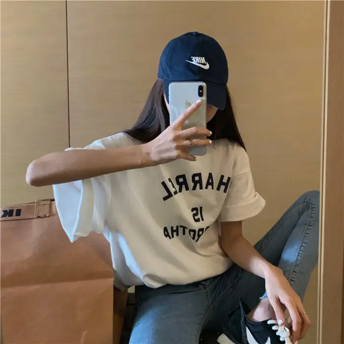 Harajuku Style Letter T-Shirt Women 2025 Gray Loose Sleeve — feature 47