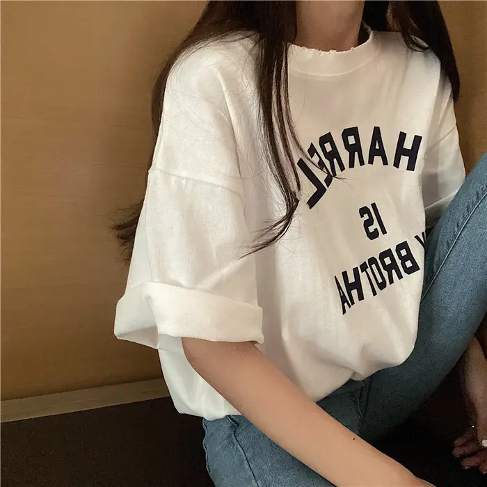 Harajuku Style Letter T-Shirt Women 2025 Gray Loose Sleeve — feature 48