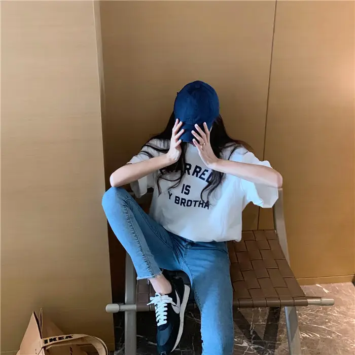 Harajuku Style Letter T-Shirt Women 2025 Gray Loose Sleeve — feature 49