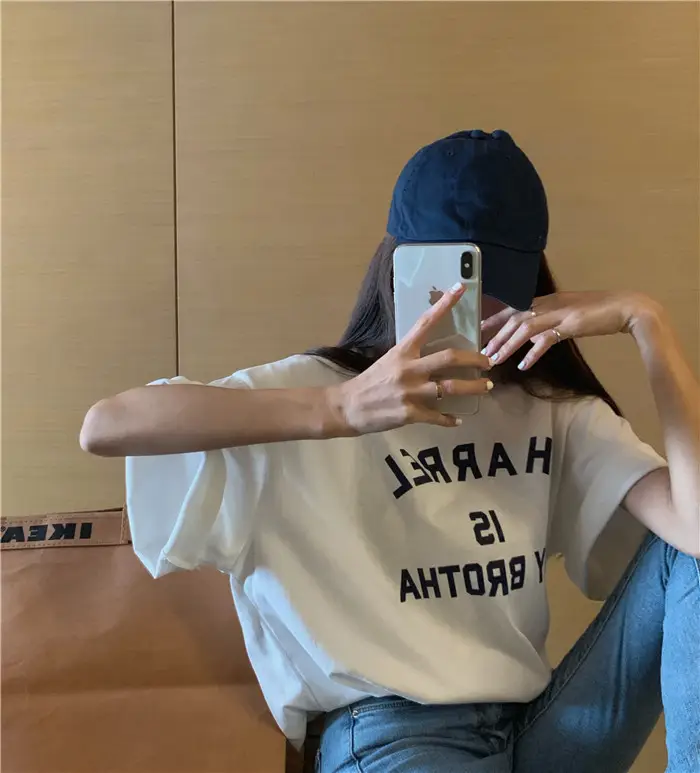 Harajuku Style Letter T-Shirt Women 2025 Gray Loose Sleeve — feature 50
