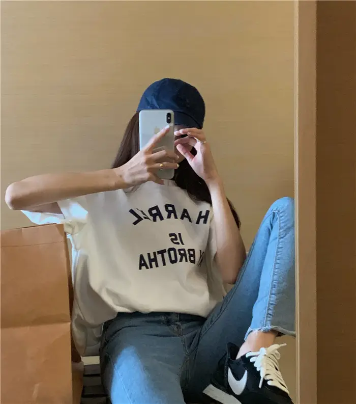 Harajuku Style Letter T-Shirt Women 2025 Gray Loose Sleeve — feature 53