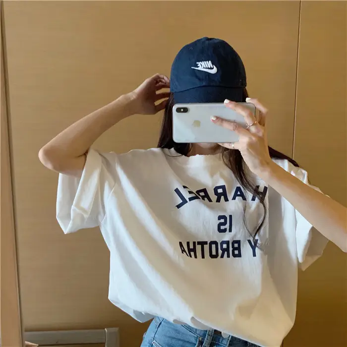 Harajuku Style Letter T-Shirt Women 2025 Gray Loose Sleeve — feature 55
