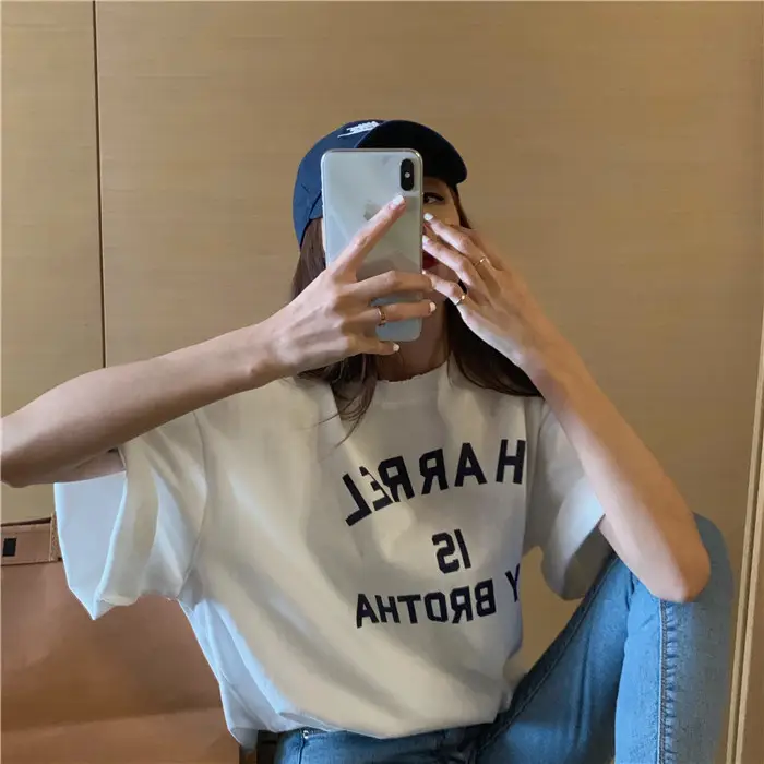 Harajuku Style Letter T-Shirt Women 2025 Gray Loose Sleeve — feature 56