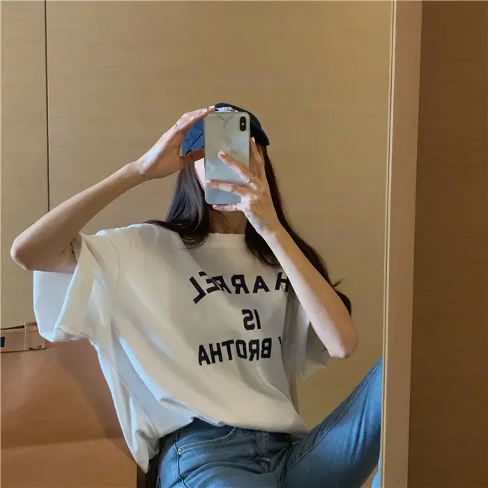 Harajuku Style Letter T-Shirt Women 2025 Gray Loose Sleeve — feature 61