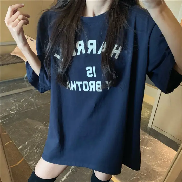 Harajuku Style Letter T-Shirt Women 2025 Gray Loose Sleeve — feature 7