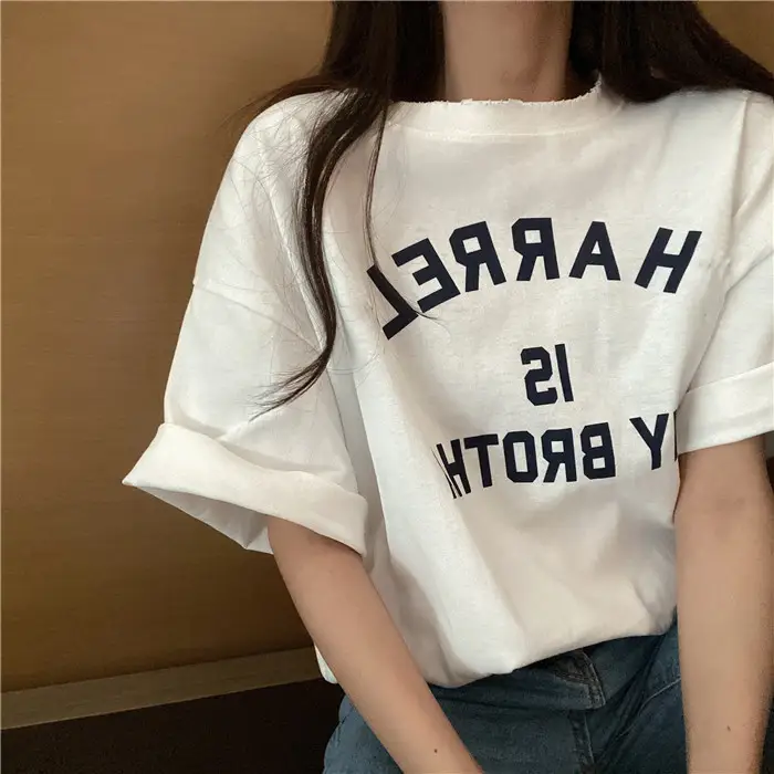 Harajuku Style Letter T-Shirt Women 2025 Gray Loose Sleeve - Image 2