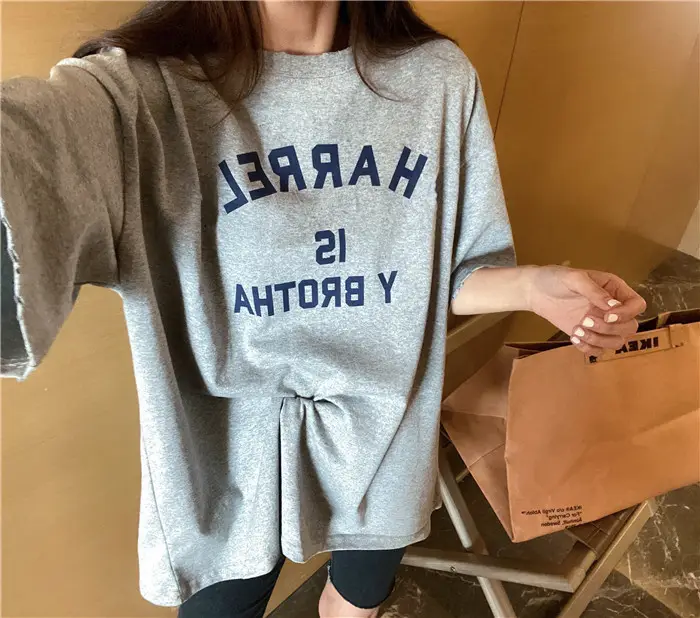 Harajuku Style Letter T-Shirt Women 2025 Gray Loose Sleeve - Image 4
