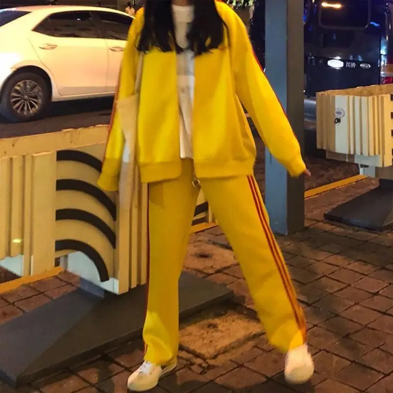 Women Sports Suit Black Green Stripes Spring Autumn Loose Coat Trousers - Image 8