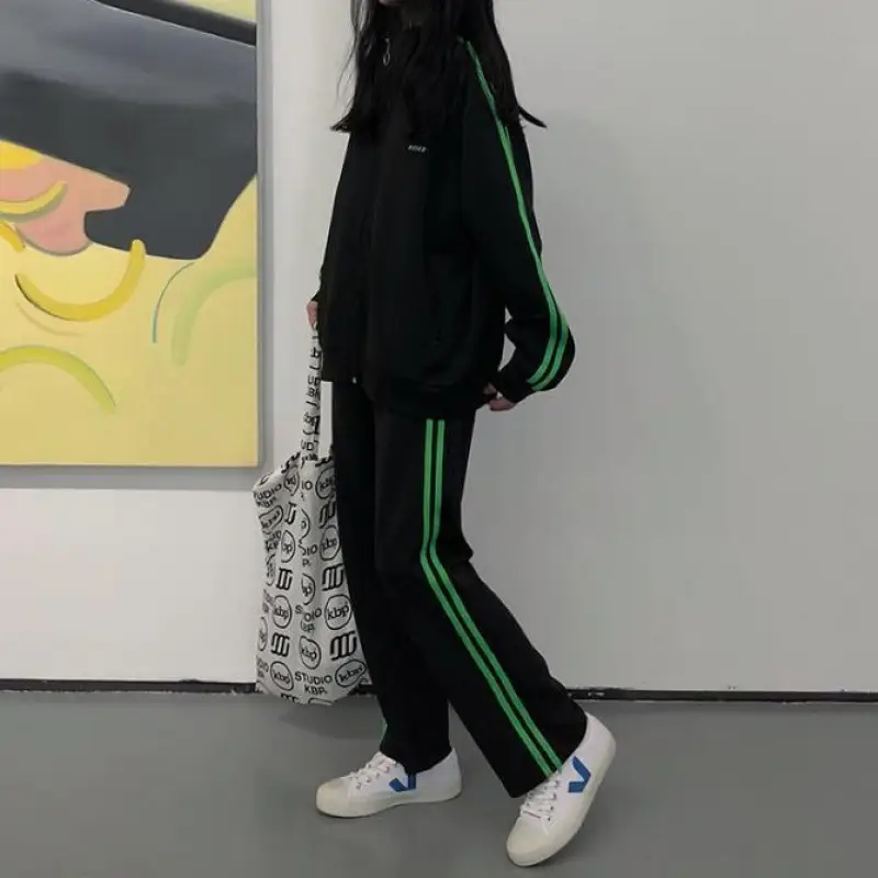 Women Sports Suit Black Green Stripes Spring Autumn Loose Coat Trousers - Image 9