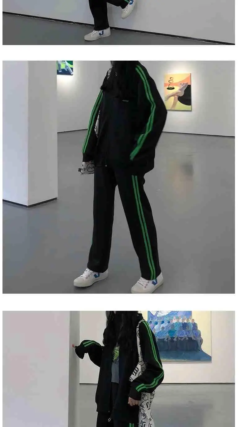 Women Sports Suit Black Green Stripes Spring Autumn Loose Coat Trousers — feature 4