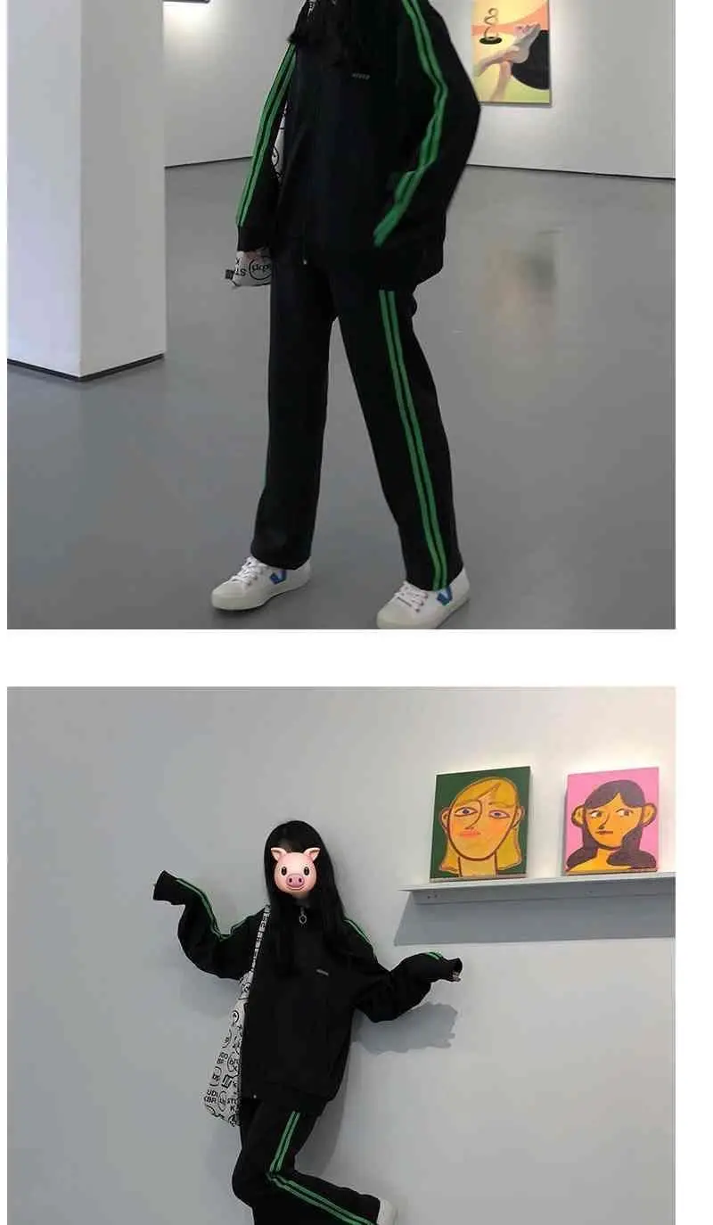 Women Sports Suit Black Green Stripes Spring Autumn Loose Coat Trousers — feature 5