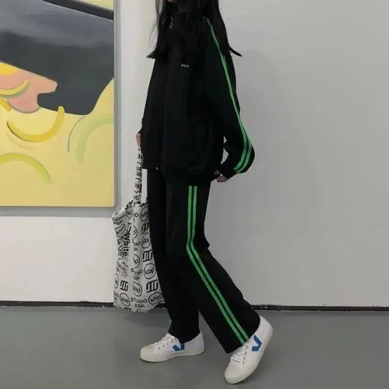 Women Sports Suit Black Green Stripes Spring Autumn Loose Coat Trousers - Image 5
