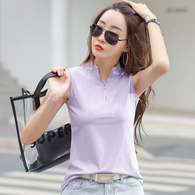 Women White Zipper T-shirt Summer Top Slim Fit Cotton - Image 2