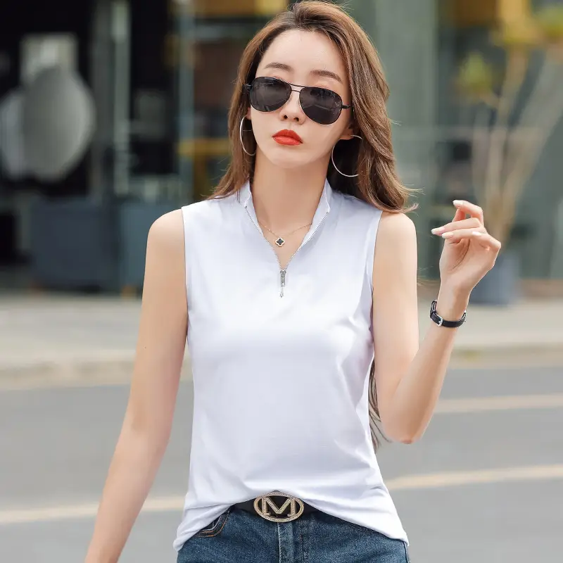 Women White Zipper T-shirt Summer Top Slim Fit Cotton - Image 3