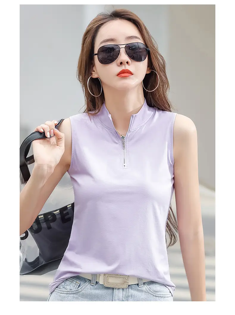 Women White Zipper T-shirt Summer Top Slim Fit Cotton — feature 10