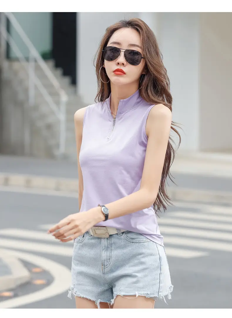Women White Zipper T-shirt Summer Top Slim Fit Cotton — feature 11