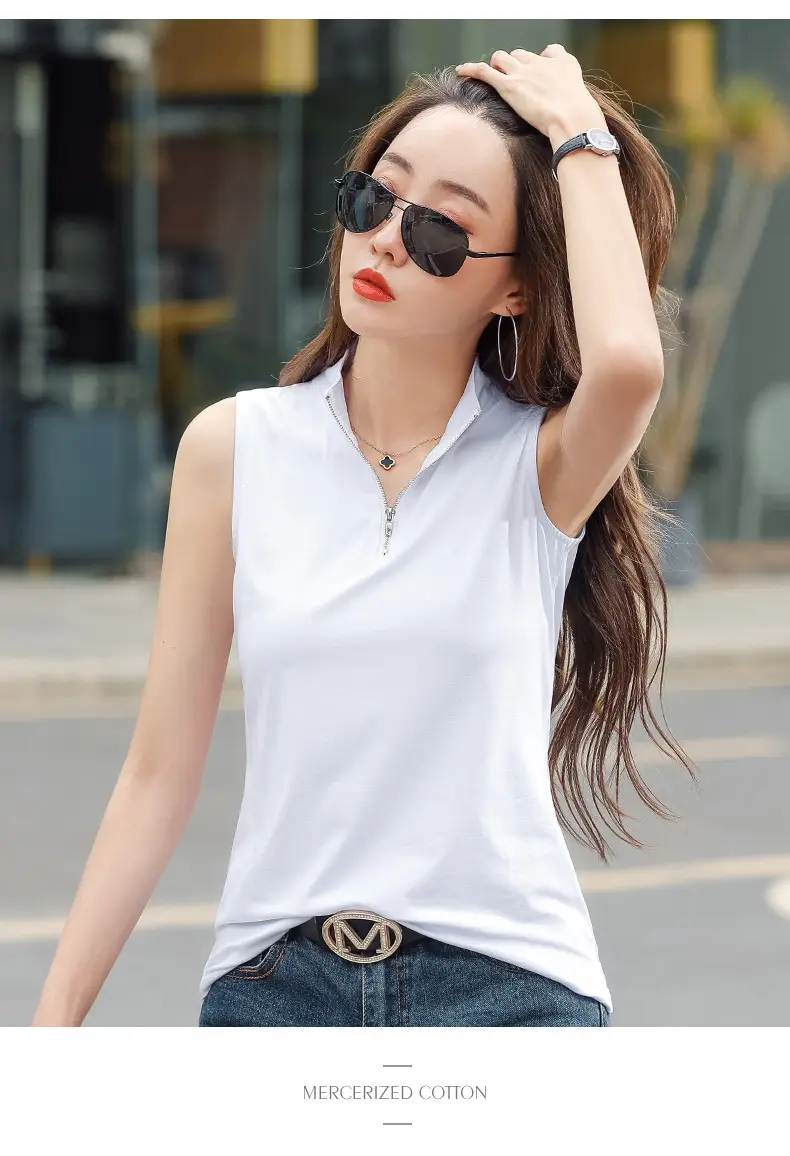 Women White Zipper T-shirt Summer Top Slim Fit Cotton — feature 13