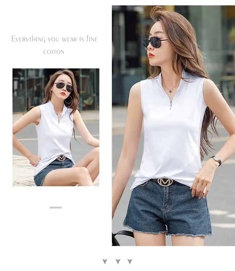 Women White Zipper T-shirt Summer Top Slim Fit Cotton — feature 14