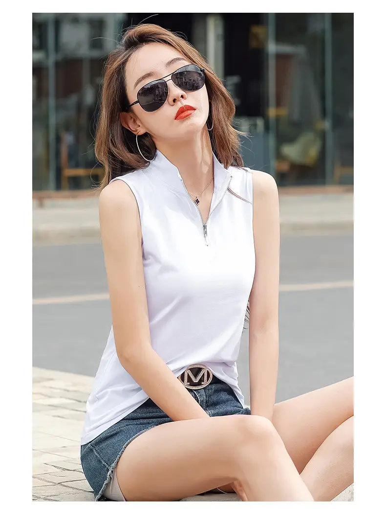 Women White Zipper T-shirt Summer Top Slim Fit Cotton — feature 15
