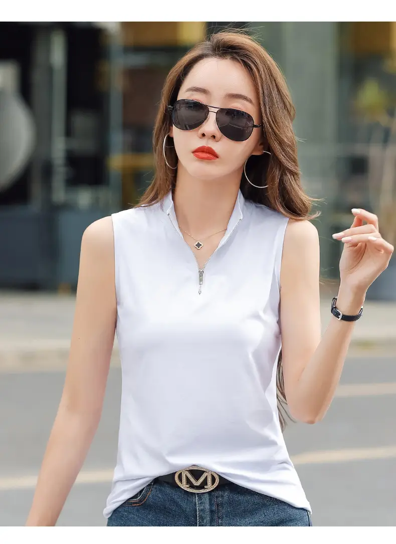 Women White Zipper T-shirt Summer Top Slim Fit Cotton — feature 16