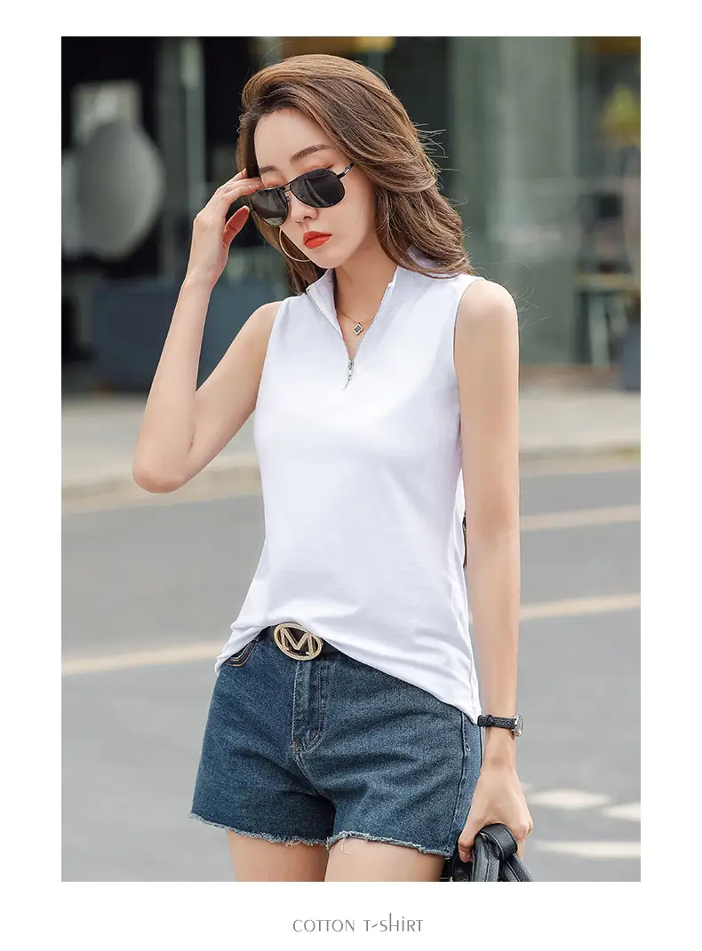 Women White Zipper T-shirt Summer Top Slim Fit Cotton — feature 17