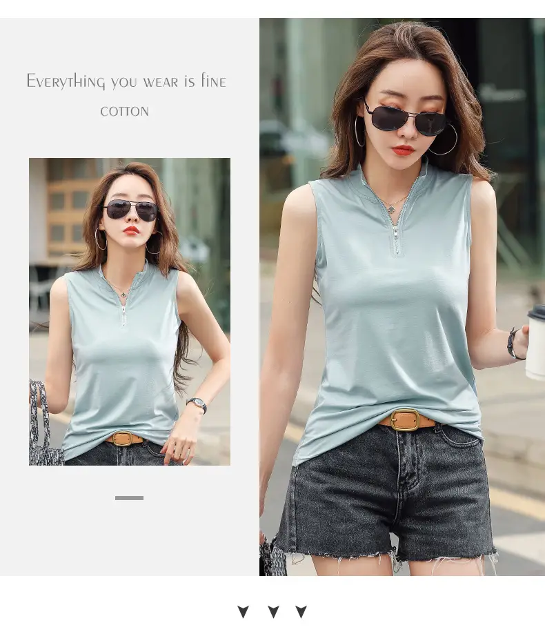 Women White Zipper T-shirt Summer Top Slim Fit Cotton — feature 19