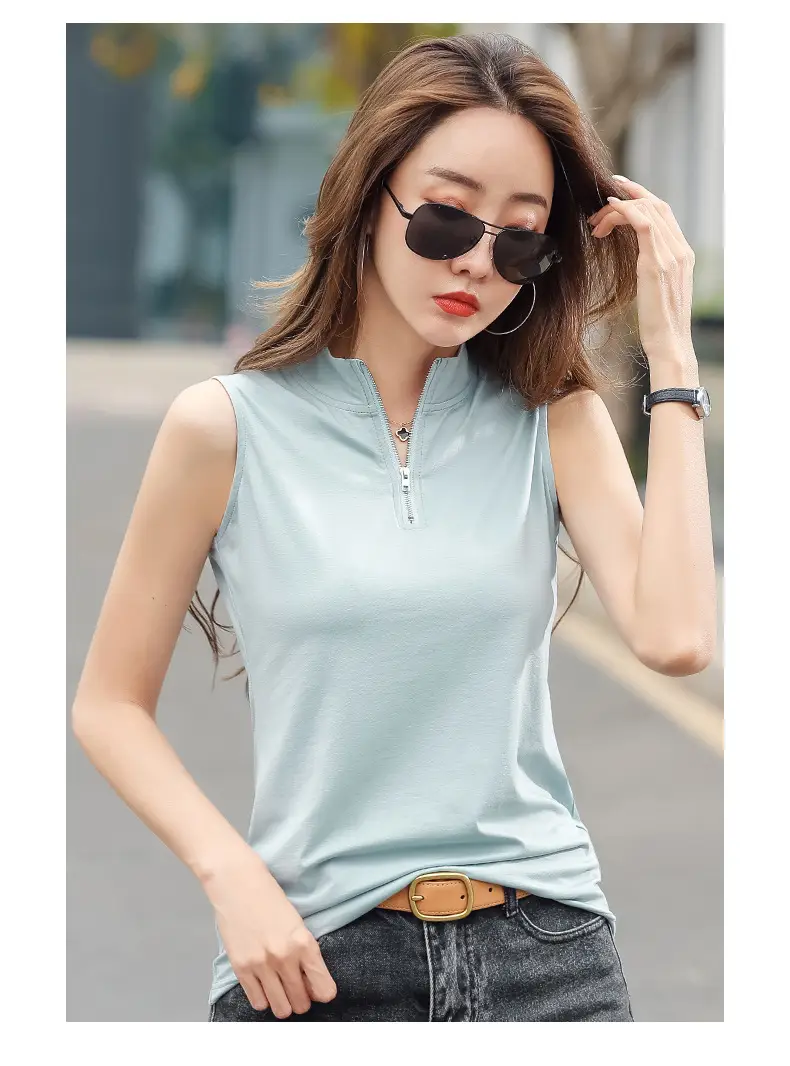 Women White Zipper T-shirt Summer Top Slim Fit Cotton — feature 20