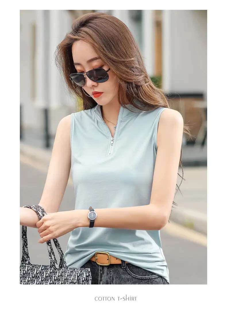 Women White Zipper T-shirt Summer Top Slim Fit Cotton — feature 22