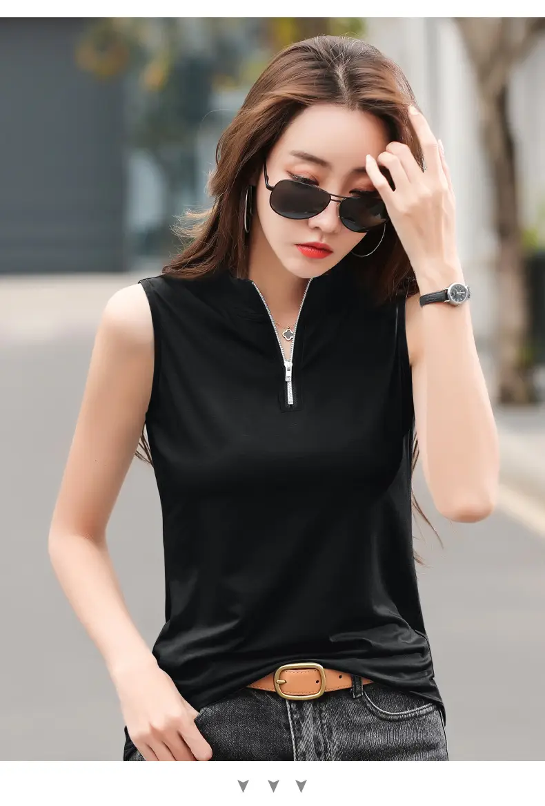 Women White Zipper T-shirt Summer Top Slim Fit Cotton — feature 24