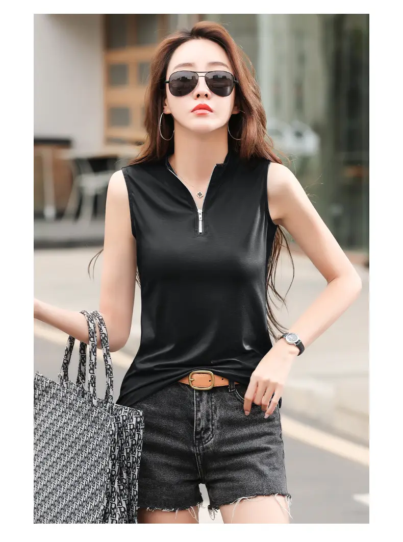 Women White Zipper T-shirt Summer Top Slim Fit Cotton — feature 25