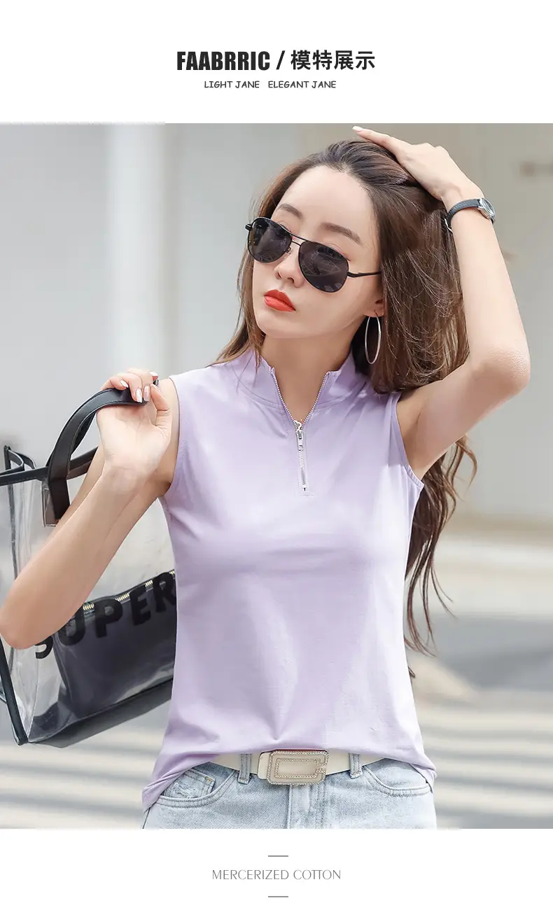 Women White Zipper T-shirt Summer Top Slim Fit Cotton — feature 8