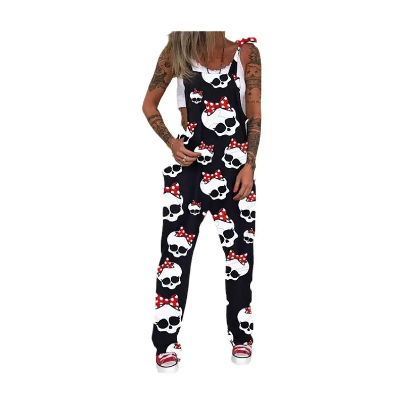 Black Daisy Print Plus Size Jumpsuit with Skull Head Design - Image 21