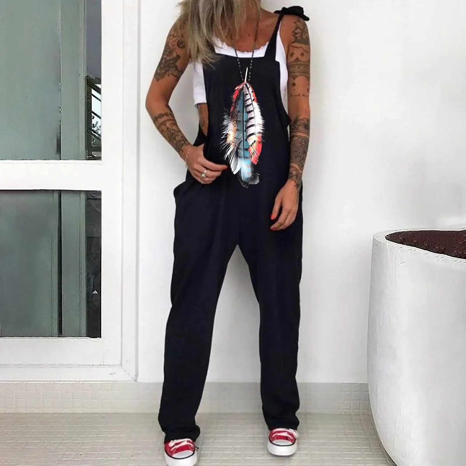 Black Daisy Print Plus Size Jumpsuit with Skull Head Design - Image 10