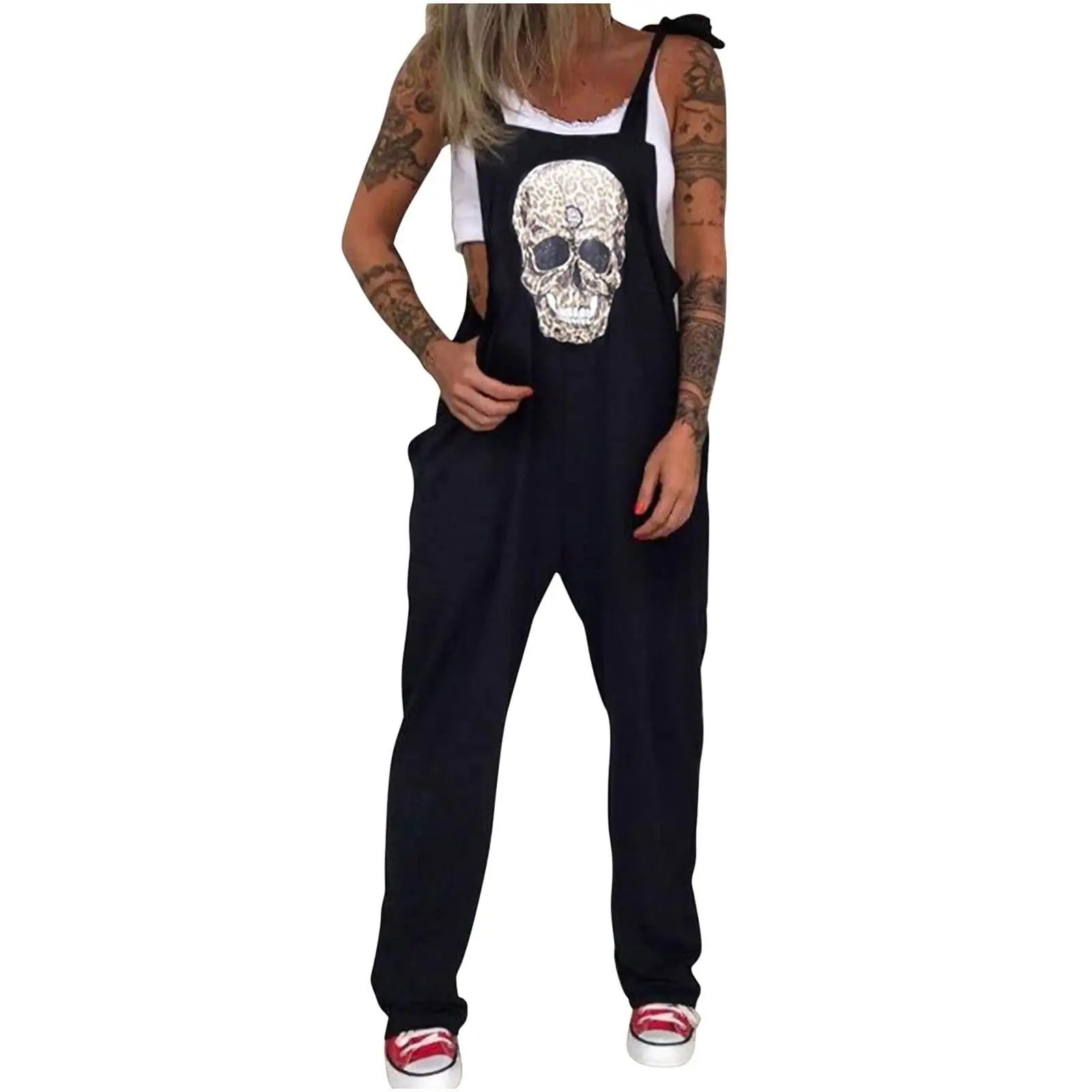 Black Daisy Print Plus Size Jumpsuit with Skull Head Design - Image 14