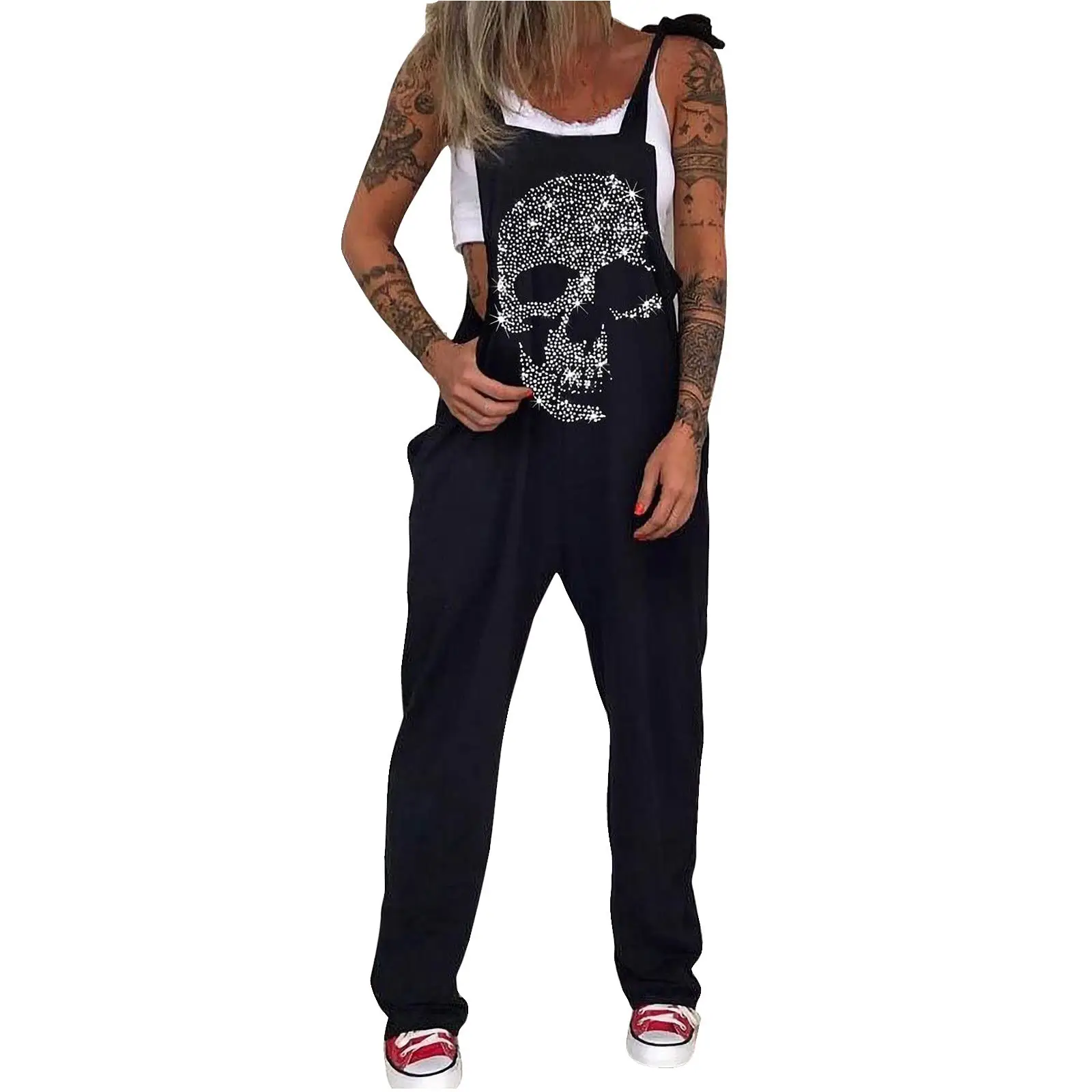 Black Daisy Print Plus Size Jumpsuit with Skull Head Design - Image 15