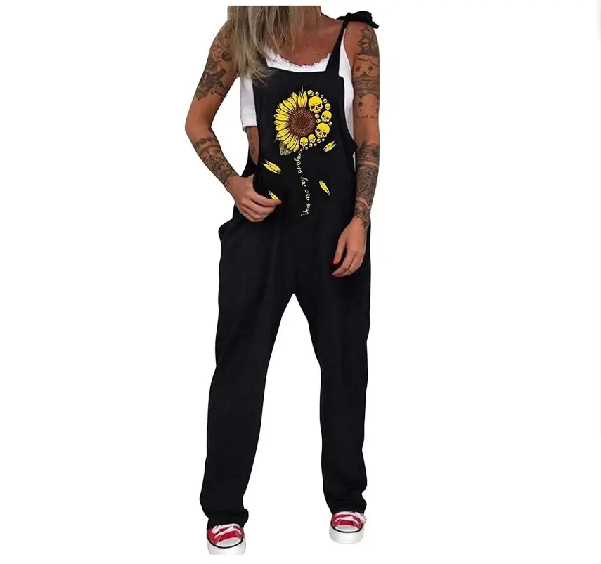 Black Daisy Print Plus Size Jumpsuit with Skull Head Design - Image 16