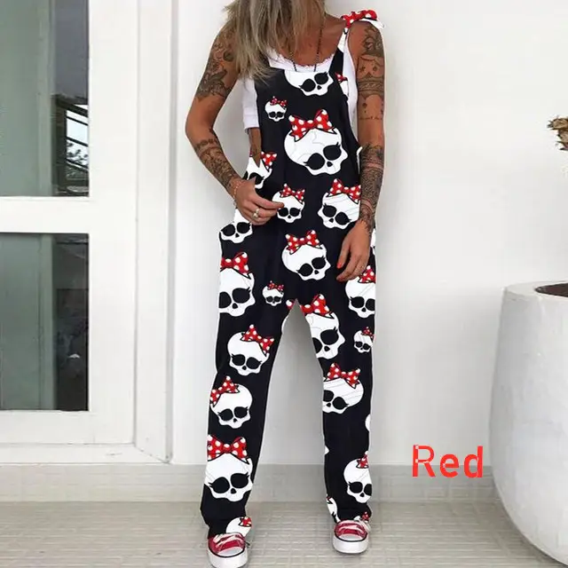 Black Daisy Print Plus Size Jumpsuit with Skull Head Design - Image 6