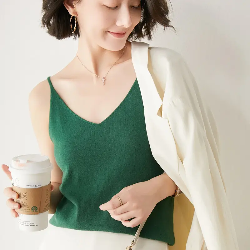 Blue V-Neck Knitted Camisole Women's Summer Top - Image 3