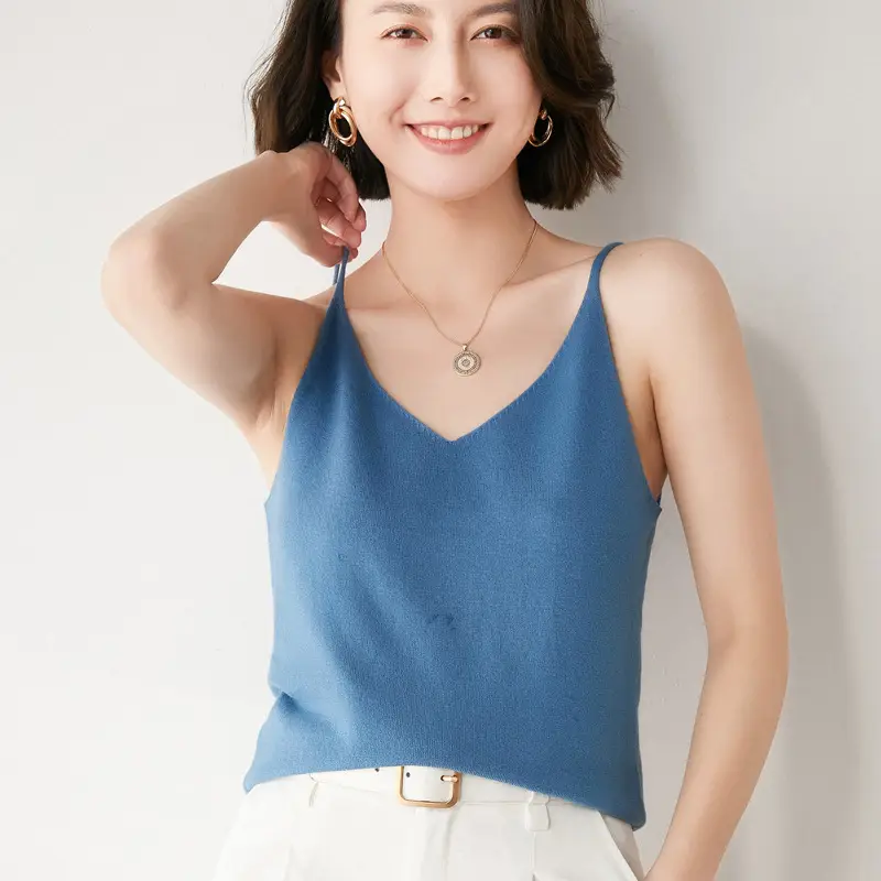 Blue V-Neck Knitted Camisole Women's Summer Top - Image 7