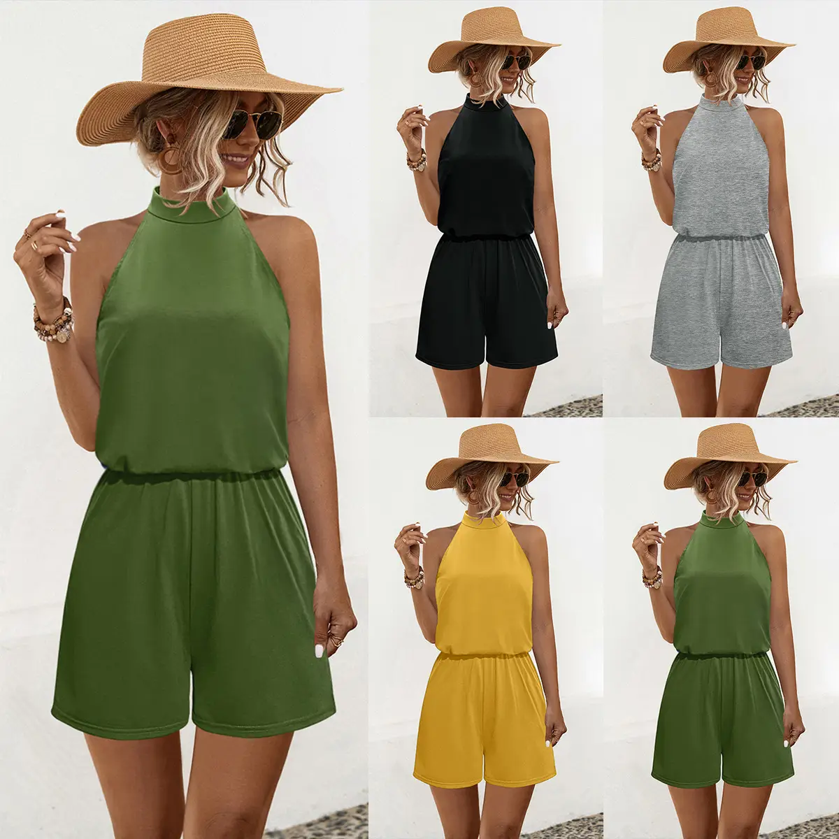 2021 Halter Off-Shoulder Button Jumpsuit Shorts Set - Image 5
