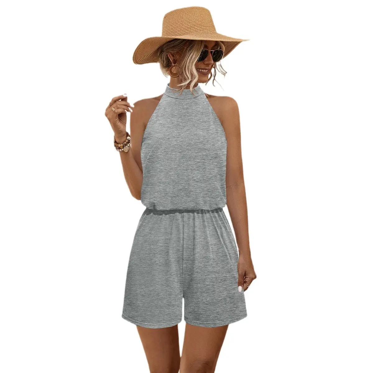 2021 Halter Off-Shoulder Button Jumpsuit Shorts Set - Image 9