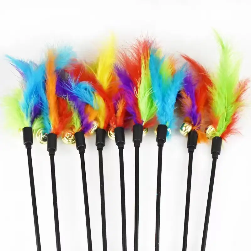 Factory wholesale funny cat stick macaron color Cat Bell feather funny cat stick supplies pet toys