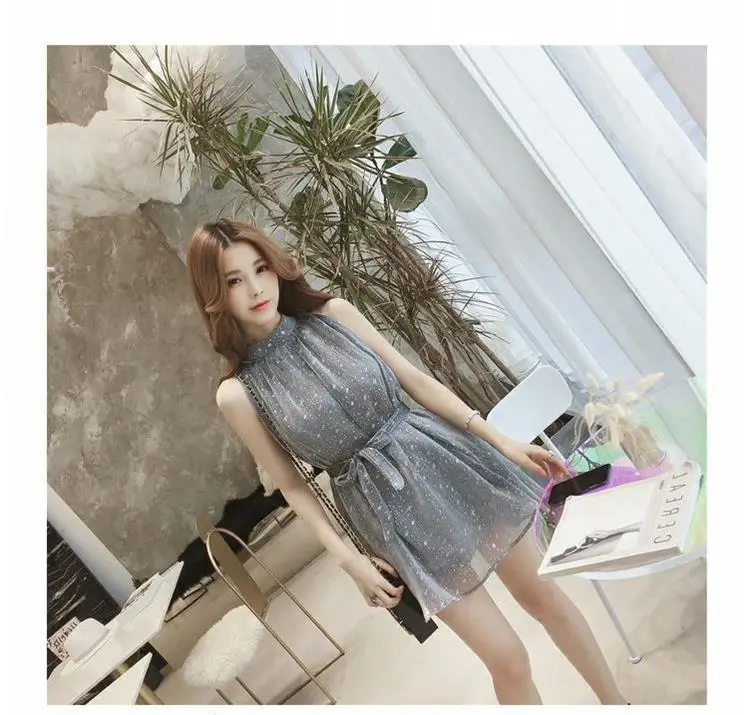2023 Summer Halter Sleeve Dress Women Lace-Up Shiny A-Line — feature 2