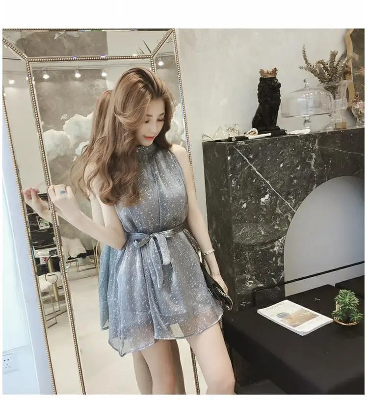 2023 Summer Halter Sleeve Dress Women Lace-Up Shiny A-Line — feature 4